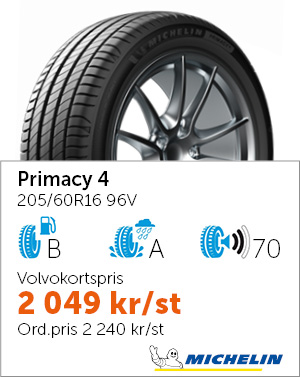 sommardäck Michelin 205/60R16 96V Primacy 4, pris 2049kr